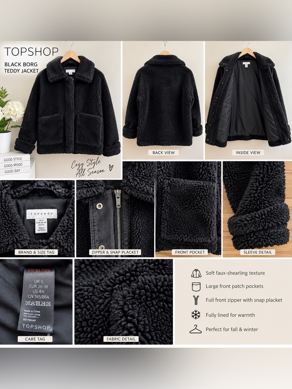 Topshop Black Borg Teddy Jacket Faux Shearling Coat US 4-6